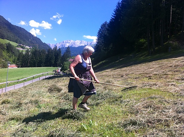Nachhaltiges Wirtschaften hat Tradition in Südtirol: Bäuerin beim Heuen im Grödnertal, Foto: Heiner Sieger